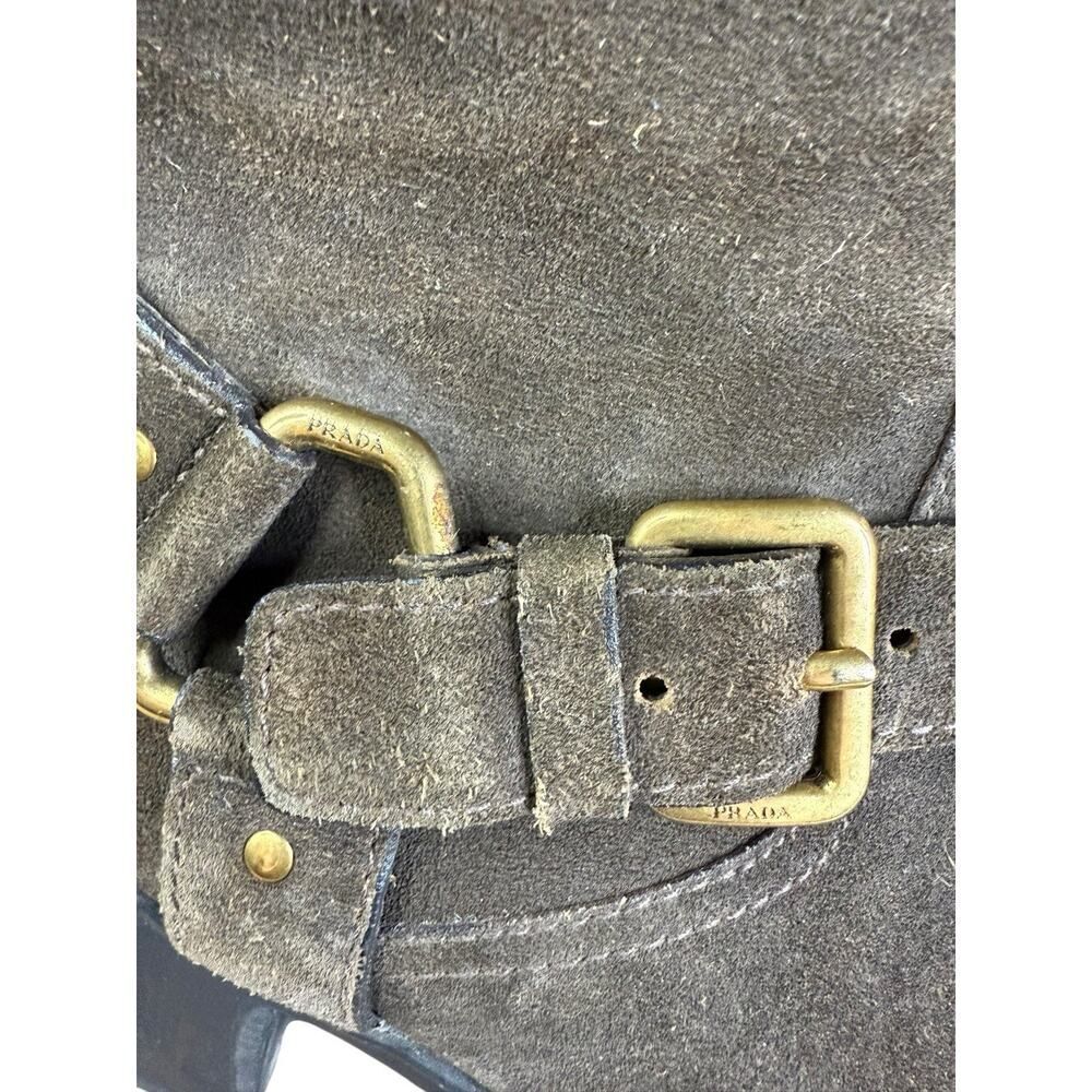 Prada Brown Mid calf Suede Biker Boots with Gold Buckle Logo EU 39 US 9 - Picture 4 of 13